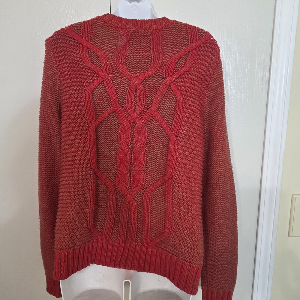 abercrombie & fitch cableknit fishermans crewneck sweater sz L wmns red nautical - Picture 2 of 11